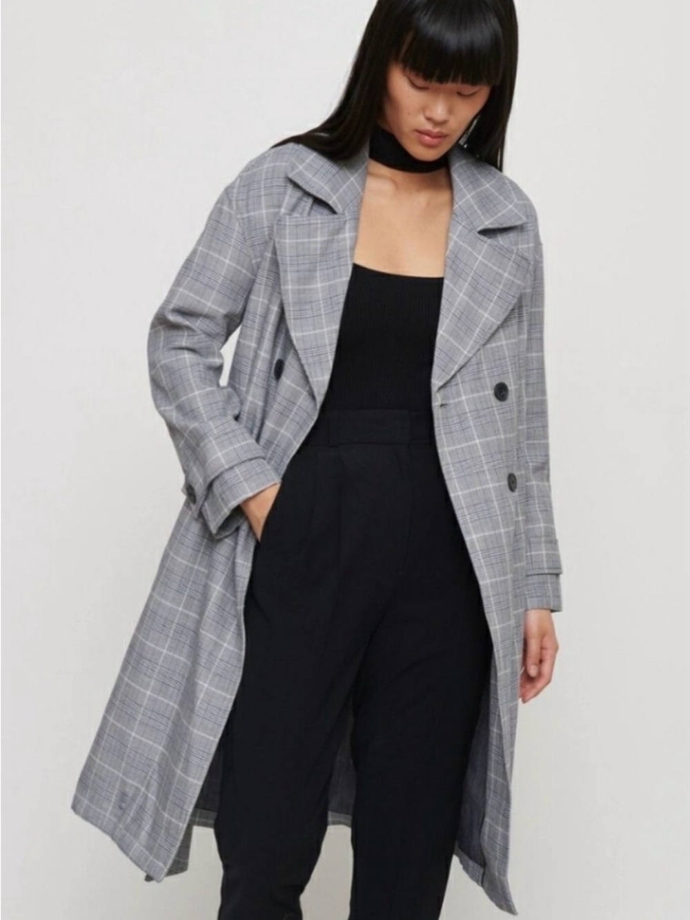Classic Gray Plaid Trench Coat